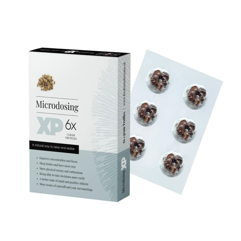 Verpackung von Microdosing XP Trüffeln mit einem Inhalt von 6x1 Gramm.
