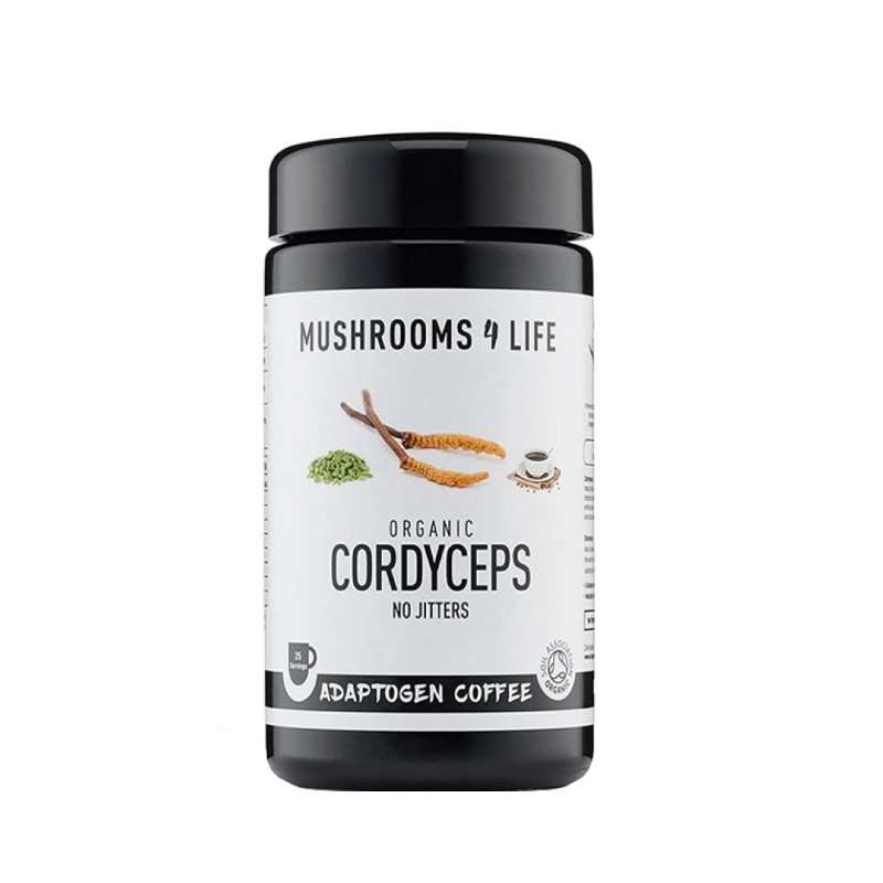 Die Verpackung des Cordyceps Power Kaffee von Mushrooms4Life mit einem Inhalt von 60 Gramm.